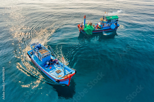 Ships and fishermen are fishing anchovies in Yen Island, Phu Yen, Vietnam