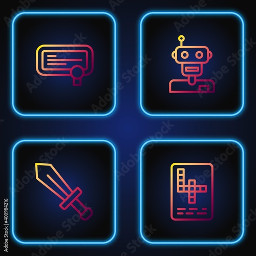 Set line Crossword, Sword for game, Certificate template and Robot. Gradient color icons. Vector.