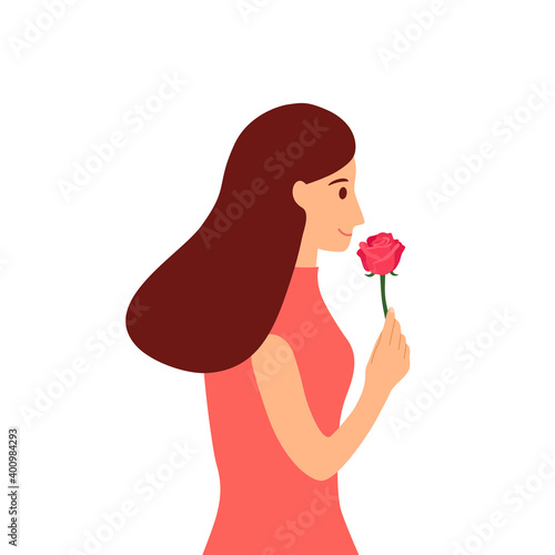 Woman holding pink rose vector illustration on white background. Happy Valentine   s Day. I love you.