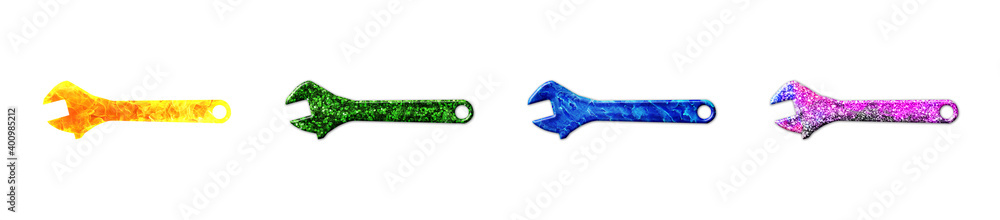 Adjustable wrench fixing tool symbols, Glitters Green blue and fire Colors Illustration