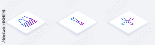 Set Isometric line Safety vest, Putty knife and Wheel wrench. White square button. Vector.