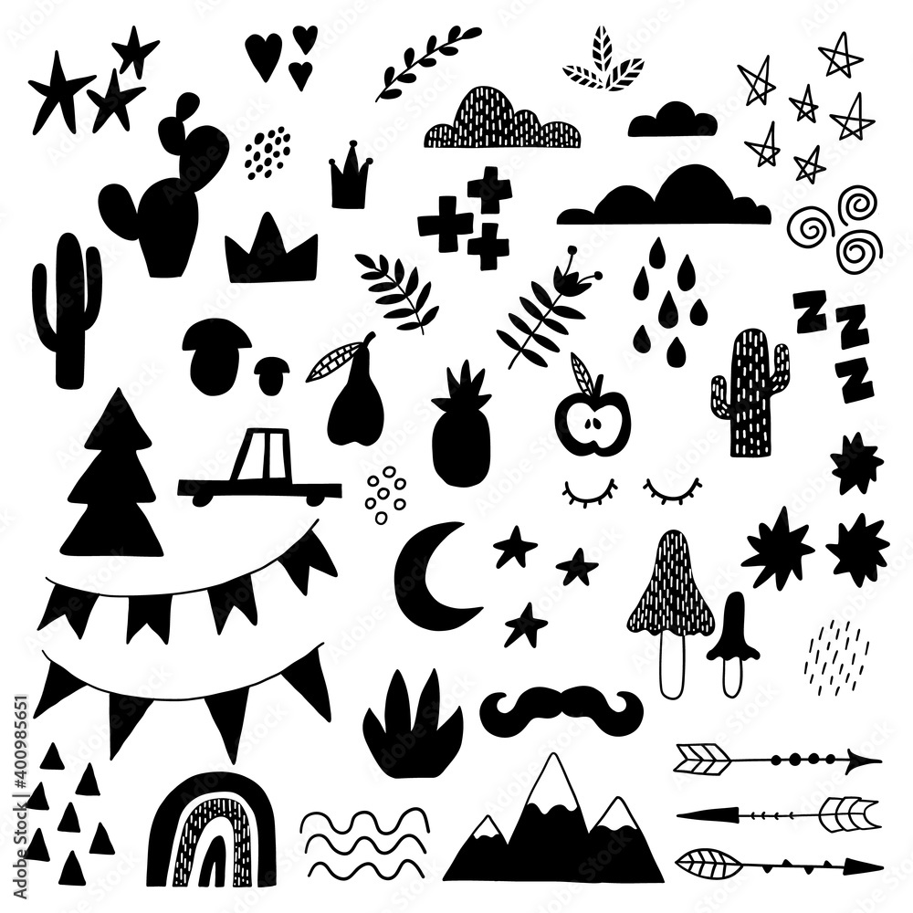 Obraz premium Doodle geometric abstract trendy scandinavian black shapes. Vector hand drawn monochrome elemens for kids fabric textile
