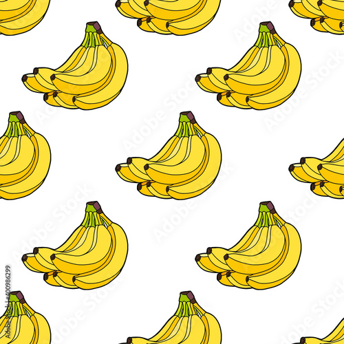 Vector illustration. Seamless background. A bunch of yellow bananas isolated on a white background. Summer tropical pattern.