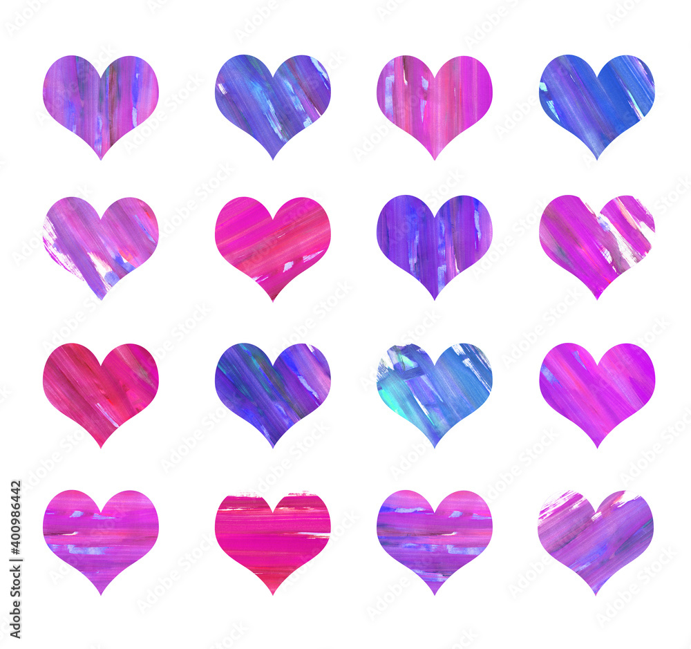 Set of multicolored texture watercolor hearts on white background