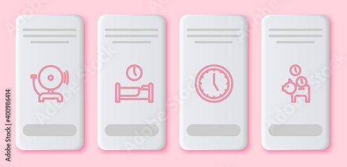 Set line Ringing alarm bell, Time to sleep, Clock and Piggy bank with coin. White rectangle button. Vector.