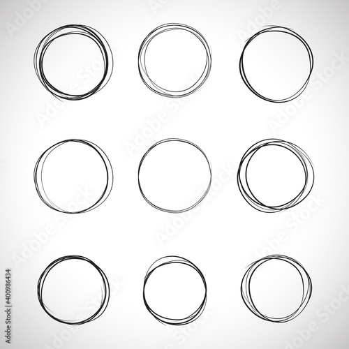 Black circle, pen draw set. Highlight hand drawn circle isolated on background. Handwritten black circle. For marker pen, pencil, logo and text check. Circle vector illustration