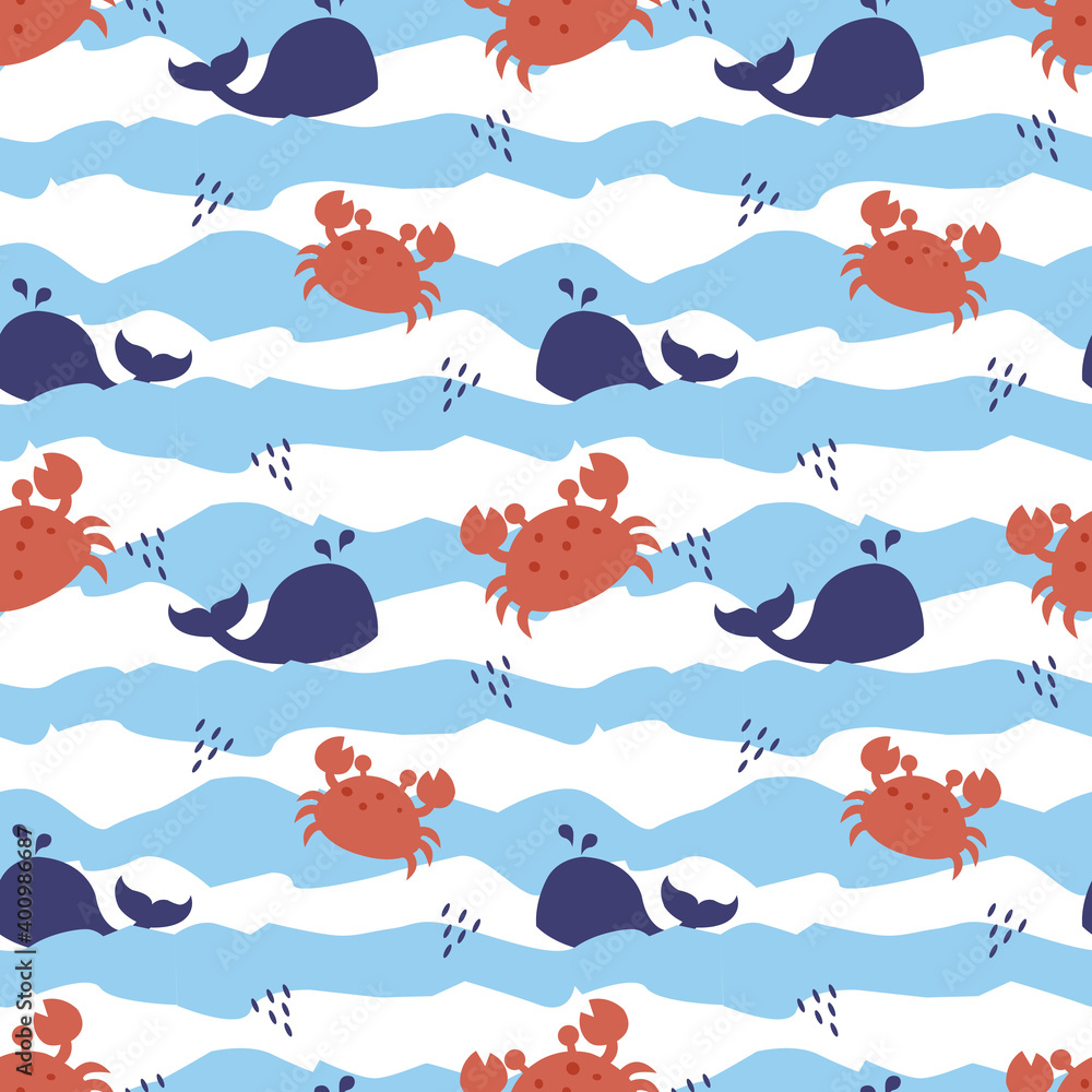 Vector seamless cute pattern for boys with fishes, crab, waves, whale, on white background in Scandinavian style for fabrics, paper Vector seamless cute pattern for boys with fishes, crab, waves, whale, on white background in Scandinavian style for fabrics, paper