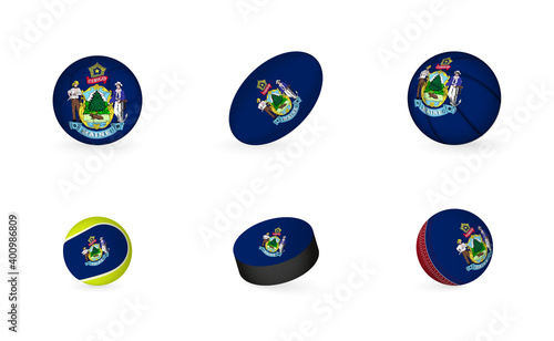 Free Download Sports equipment with flag of Maine. Sports icon set. - GFXLoad