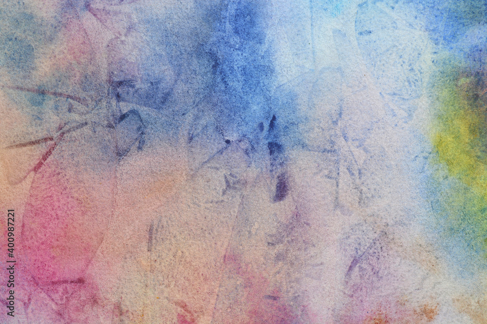 delicate watercolor background, soft blur of blue and pink flowers on paper