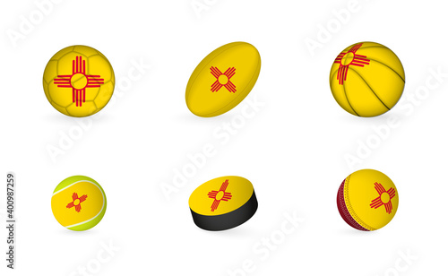 Sports equipment with flag of New Mexico. Sports icon set.