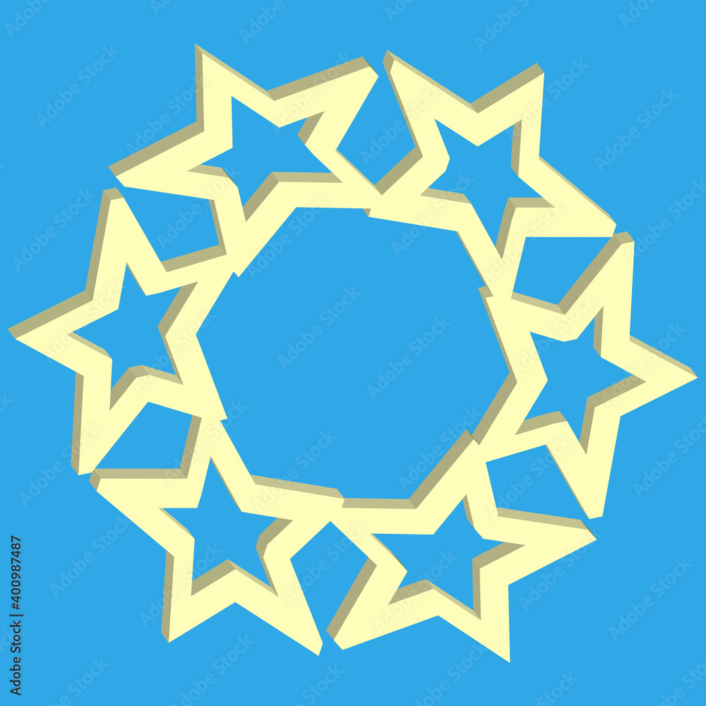 Vector volumetric image of a frame made up of 6 yellow stars. Isolated on a light blue background. Star frame. Vector volumetric image of a frame made up of 6 yellow stars. Isolated on a light blue background. Star frame.