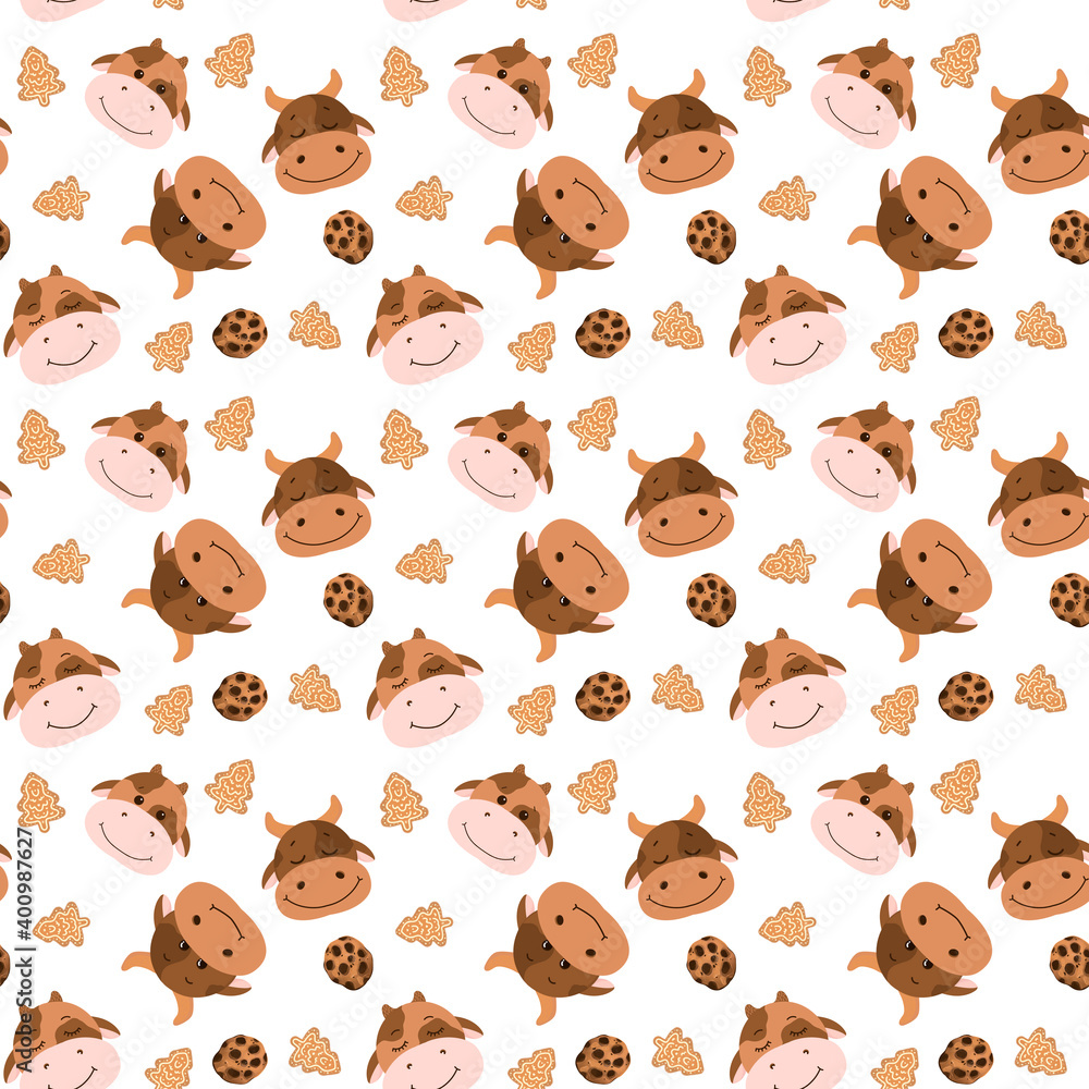 Very cute pattern with cows and sweets. Cute pattern with bull and cookies Very cute pattern with cows and sweets. Cute pattern with bull and cookies