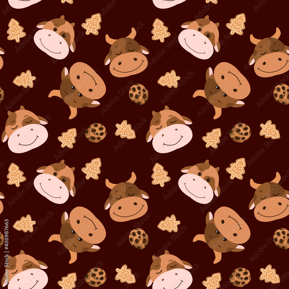 Very cute pattern with cows and sweets. Cute pattern with bull and cookies Very cute pattern with cows and sweets. Cute pattern with bull and cookies
