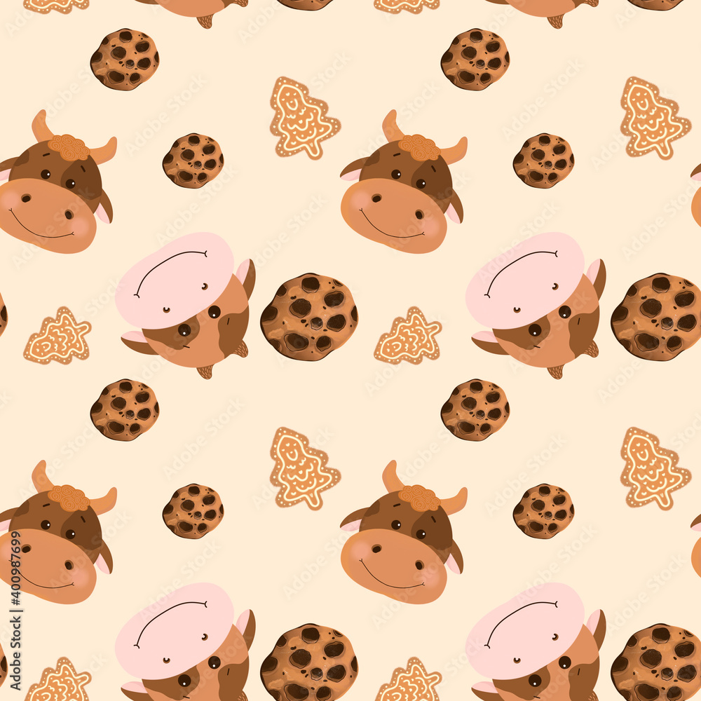 Obraz premium Very cute pattern with cows and sweets. Cute pattern with bull and cookies