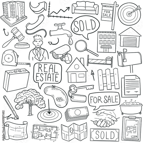 Real State doodle icon set. Sale House Vector illustration collection. Business Hand drawn Line art style.