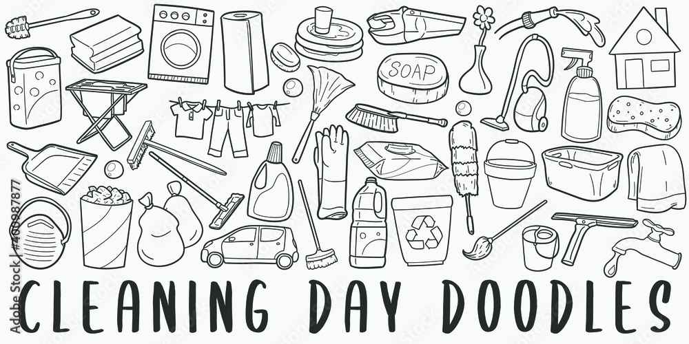 Cleaning Day, doodle icon set. Chores Style Vector illustration