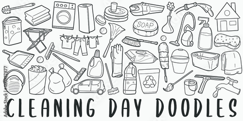 Cleaning Day, doodle icon set. Chores Style Vector illustration collection. Clean Tools Banner Hand drawn Line art style.