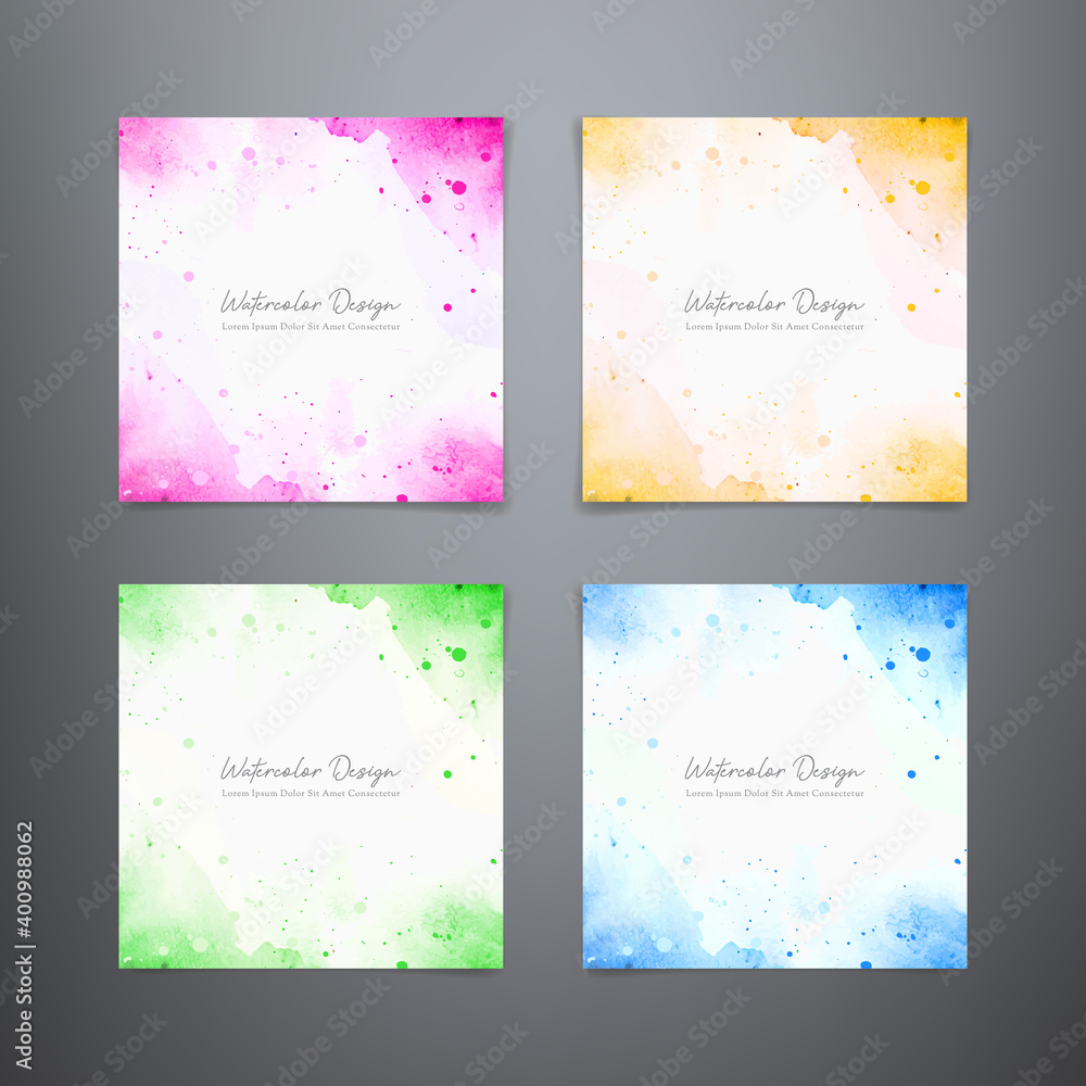 Abstract fashion collection templates. Set vector watercolor bright colorful splashes in pink, yellow, green and blue colors