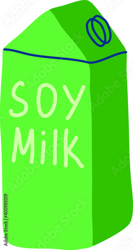 
cute green hand drawn, soy milk packaging. Pack of vegan milk. Plant Milk cartoon.  Vector icon illustration