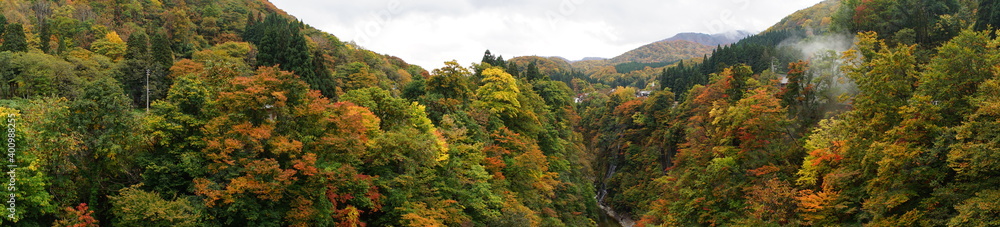 Misty mountain view with beautiful red and yellow maple leaf at Oyasukyo gorge in Japan, panoramic view - 紅葉したもみじ 小安峡 温泉 秋田県湯沢市 Misty mountain view with beautiful red and yellow maple leaf at Oyasukyo gorge in Japan, panoramic view - 紅葉したもみじ 小安峡 温泉 秋田県湯沢市