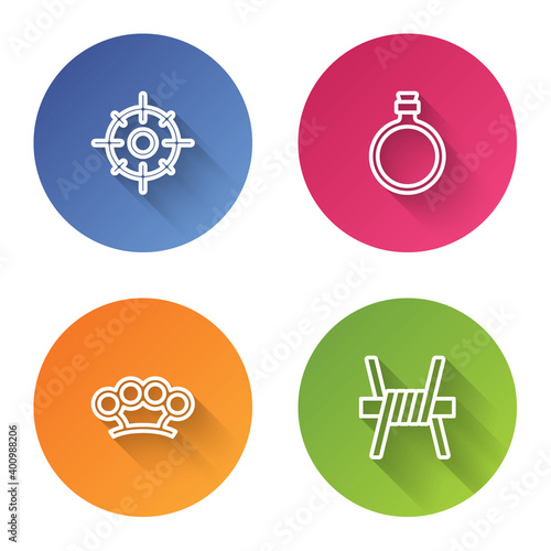 Set line Target sport, Canteen water bottle, Brass knuckles and Barbed wire. Color circle button. Vector.
