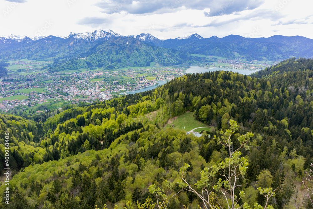 Panorama lake Tegernsee from Baumgartenschneid in Bavaria, Germany