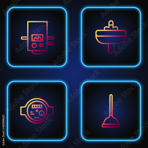 Set line Rubber plunger, Water meter, Gas boiler and Washbasin. Gradient color icons. Vector.