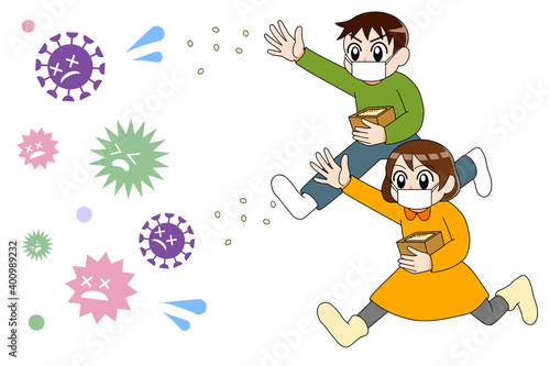 Wallpaper Mural 豆まき　マスク男の子女の子　ウイルス撃退　イラスト Torontodigital.ca