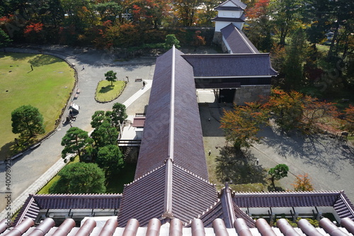 Japanese garden from top of Tsurugajo castle in Fukushima prefecture, Japan - 鶴ヶ城からの眺望 福島県 会津若松市	 photo