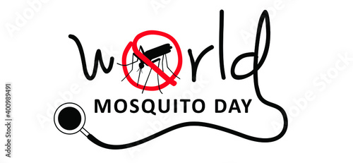 Slogan World mosquito day. Stop malaria. Caution, warning mosquitos drinking blood  Flat vector signaling. Insect bite, blood infection ( illness ). Spread of malaria, dengue or zika virus fever alert