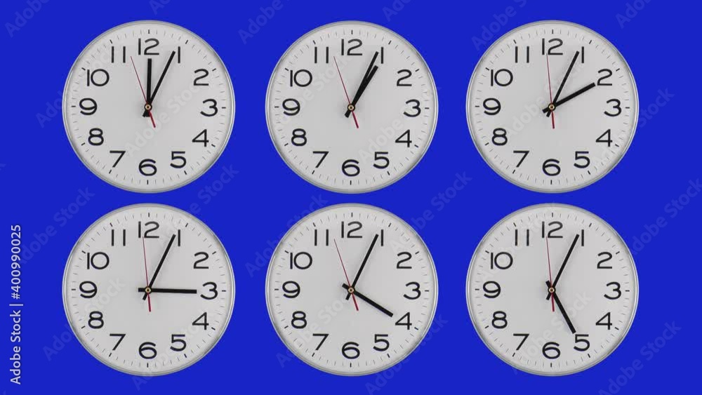 time lapse clock, six white clocks with black numbers show hours sequentially from twelve to five with 12 minute time lapse on blue background. time lapse clock, six white clocks with black numbers show hours sequentially from twelve to five with 12 minute time lapse on blue background.