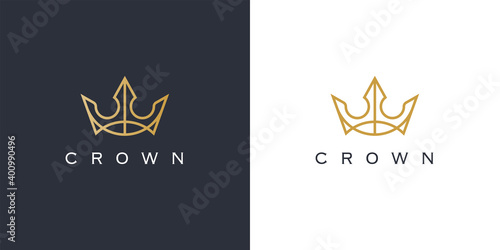 Premium style abstract gold crown logo symbol. Royal king line icon. Modern luxury brand element sign. Vector illustration.