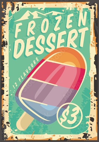 Frozen dessert promotional advertising billboard design layout. Vector vintage style ice cream poster. Sweets and candies promo sign.