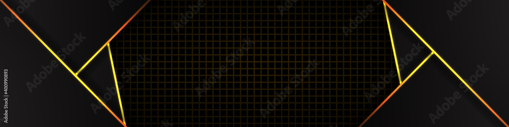 Abstract background of geometric shapes and gold stripes on a dark square grid. Futuristic luxury modern technology background. Abstract background of geometric shapes and gold stripes on a dark square grid. Futuristic luxury modern technology background.