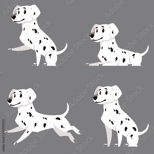 Dalmatian in different poses. Beautiful pet in cartoon style.