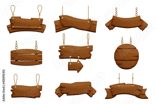 Cartoon wooden signboards of various shapes. Template wooden menu of graphical user interface GUI to build 2D games.