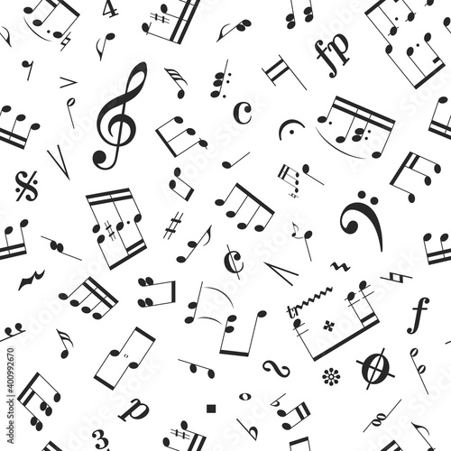 Abstract seamless background with musical notation symbols, treble G-clef, F-clef, clef, musical notes, signs of musical alliteration, music composing concept, music sheet, melody elements for design