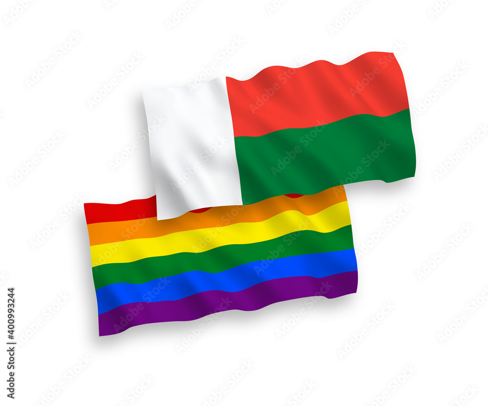 Obraz premium National vector fabric wave flags of Rainbow gay pride and Madagascar isolated on white background. 1 to 2 proportion.