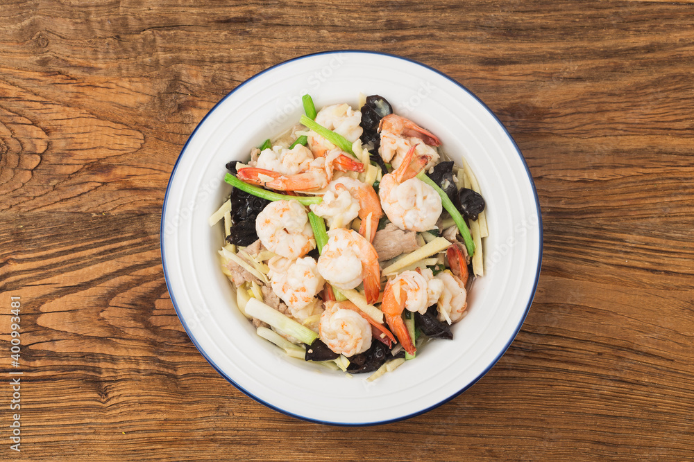Chinese cuisine: Fried shrimp with bamboo shoots and fungus, Chinese cuisine: Fried shrimp with bamboo shoots and fungus,