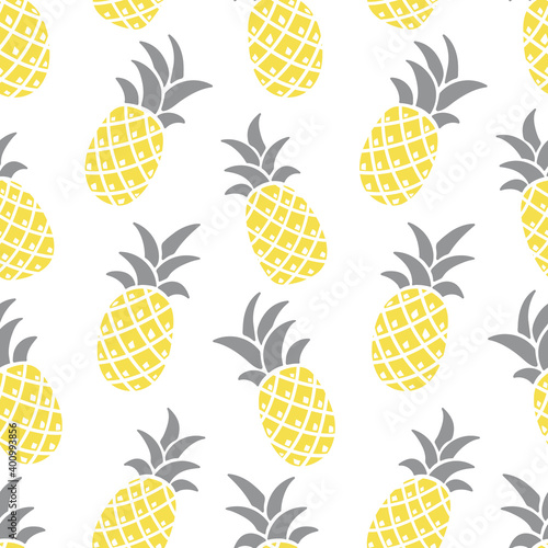 Pineapple seamless vector gray-yellow pattern, colors 2021. Stylized pineapples on a white background. Tropical backdrop is great for fabric, packaging, wallpaper, invitations.