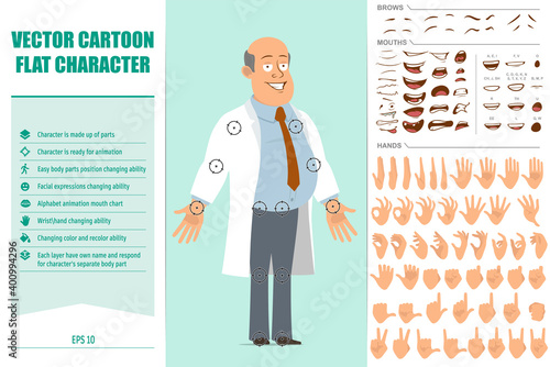 Cartoon flat funny fat bald doctor man character in white uniform with tie. Ready for animations. Face expressions, eyes, brows, mouth and hands easy to edit. Isolated on green background. Vector set.