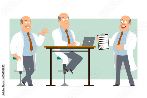 Cartoon flat funny fat bald doctor man character in white uniform with tie. Boy working on laptop and holding to do list. Ready for animation. Isolated on green background. Vector set.