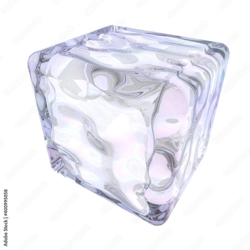 3d animated ice cube, overflows of transparent water inside the cube