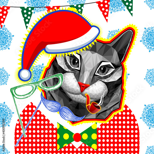 A low-poly cat in a Santa hat. New year, bright Christmas design. Pop art. Modern art collage.Surrealism. Props for a photo session vector illustration