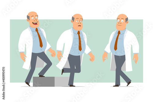 Cartoon flat funny fat bald doctor man character in white uniform with tie. Successful tired boy walking up to his goal. Ready for animation. Isolated on green background. Vector set.