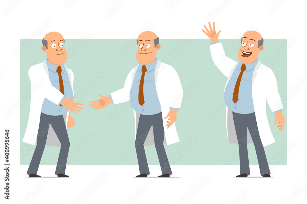 Fototapeta premium Cartoon flat funny fat bald doctor man character in white uniform with tie. Boy shaking hands and showing welcome gesture. Ready for animation. Isolated on green background. Vector set.