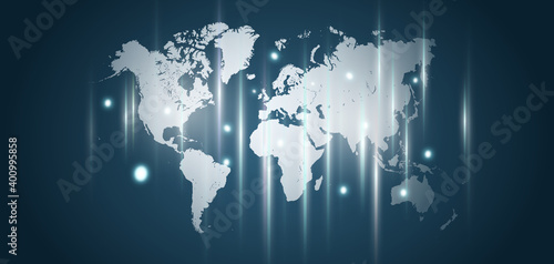 World map background with aurora light and bubble light. illustration.