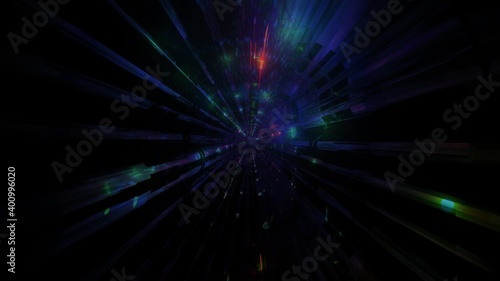 Dark glowing neon tunnel moving lights 3d illustration background wallpaper design artwork
