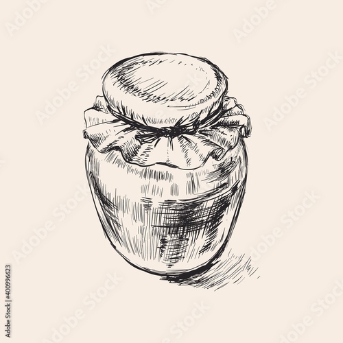 Jar Hand Drawing Vector Illustration. Glass jar of jam, honey, butter.