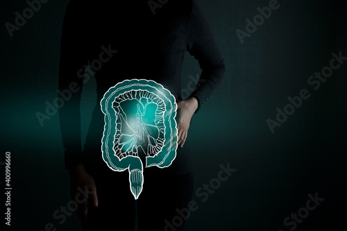 Highlighted intestine organ low key illustration. Woman body on dark green background. Immune system detox, probiotic and enzymes concept.  photo